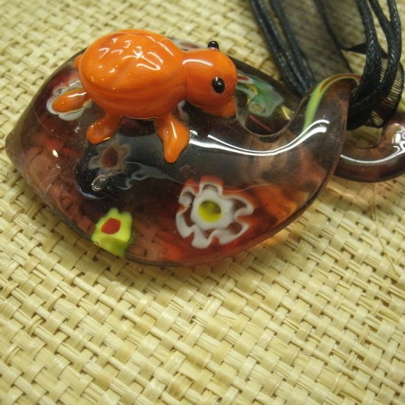 Murano Glass Turtle & Flowers Pendant Necklace - Picture 9 of 16